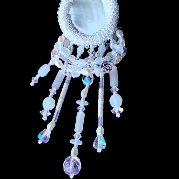 Vintage hand beaded mother of pearl crystal pearl chandelier bridal sash pin - Picture 9 of 17